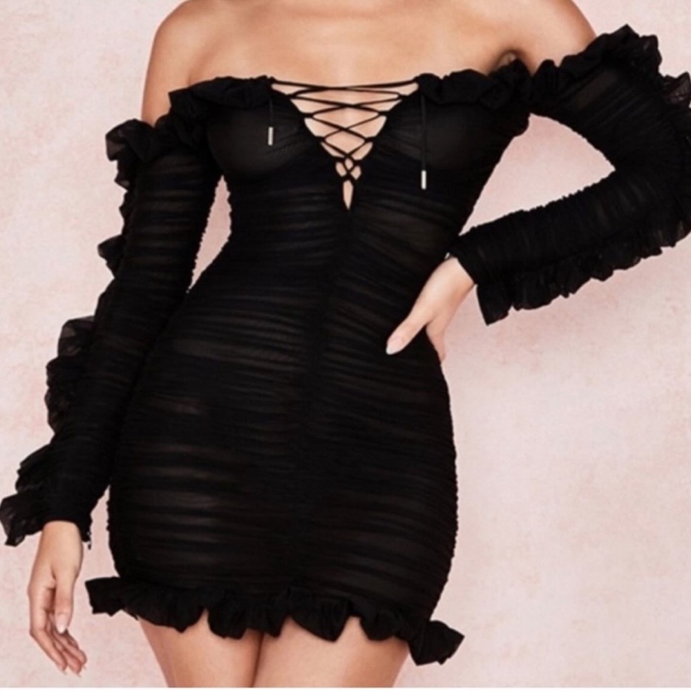 House of cd dress Tatyana black ruffle lace long sleeves dress